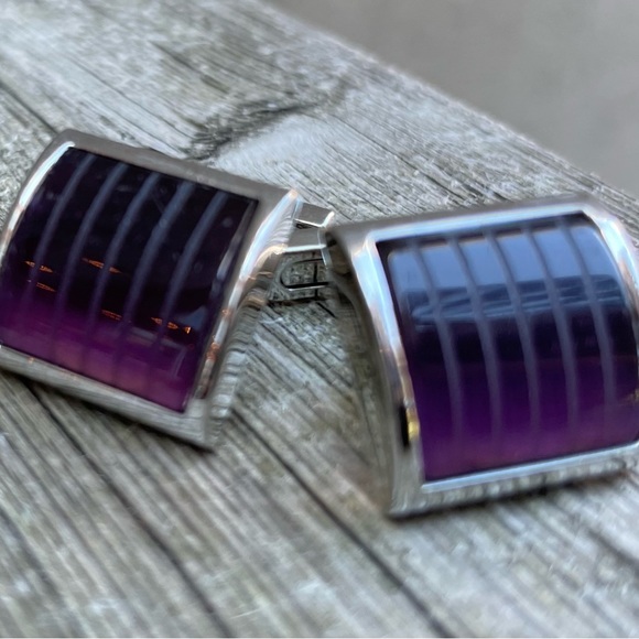 🟪 🟪 Kenneth Cole New York Amethyst Purple Striped Glass Silver Tone Cufflinks - Picture 3 of 12